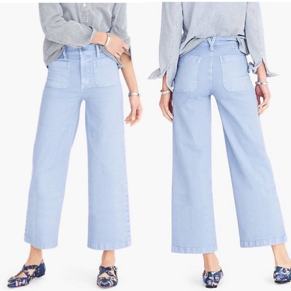 NWT JCrew Point Sur Wide Leg Cropped Flat Pocket Front Light Blue Pants size 32